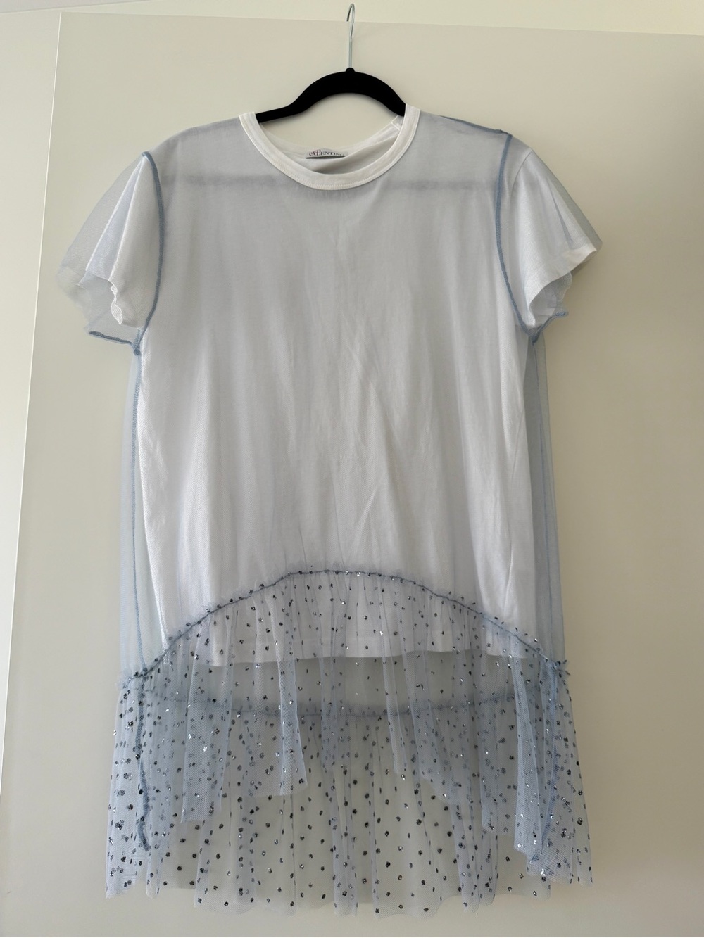 RED Valentino White Tee with Blue Polka Dot Sheer Overlay
